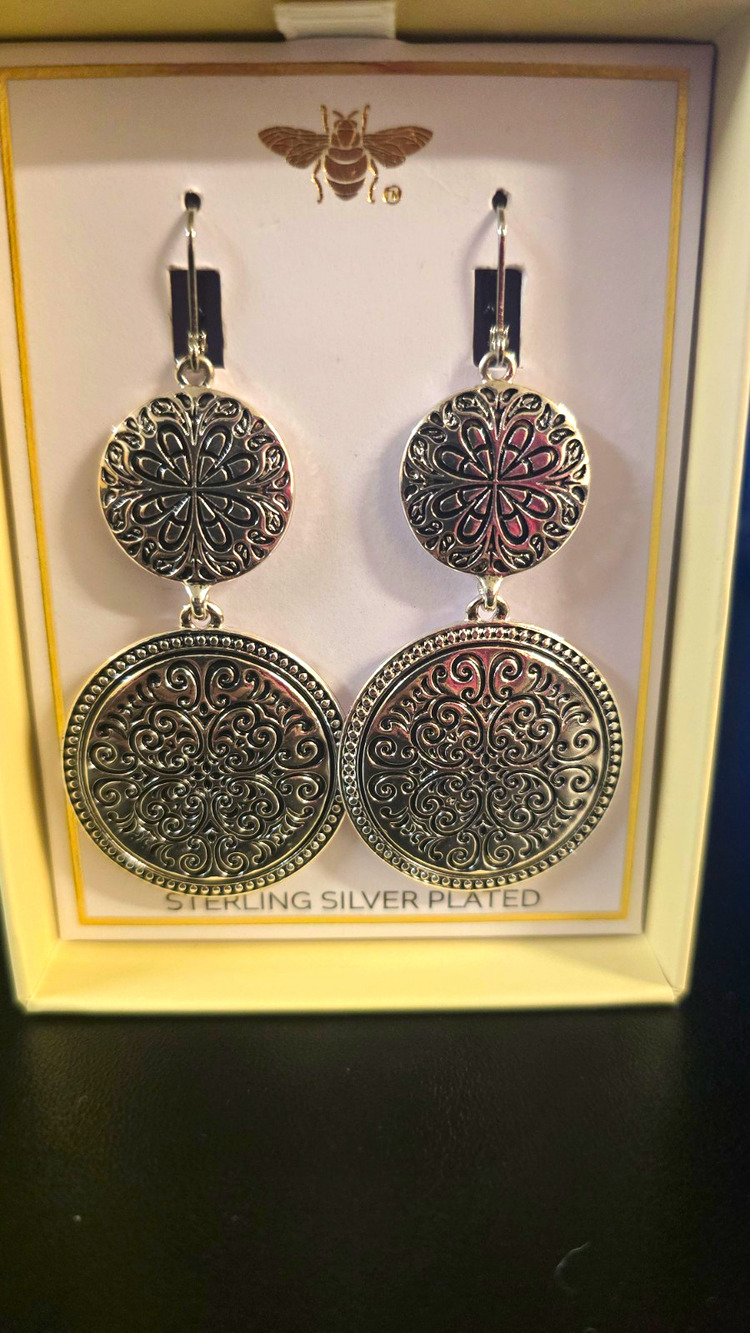 Scroll & Vine Sterling Silver Plated Double Disc Drop Earrings Floral Filigree